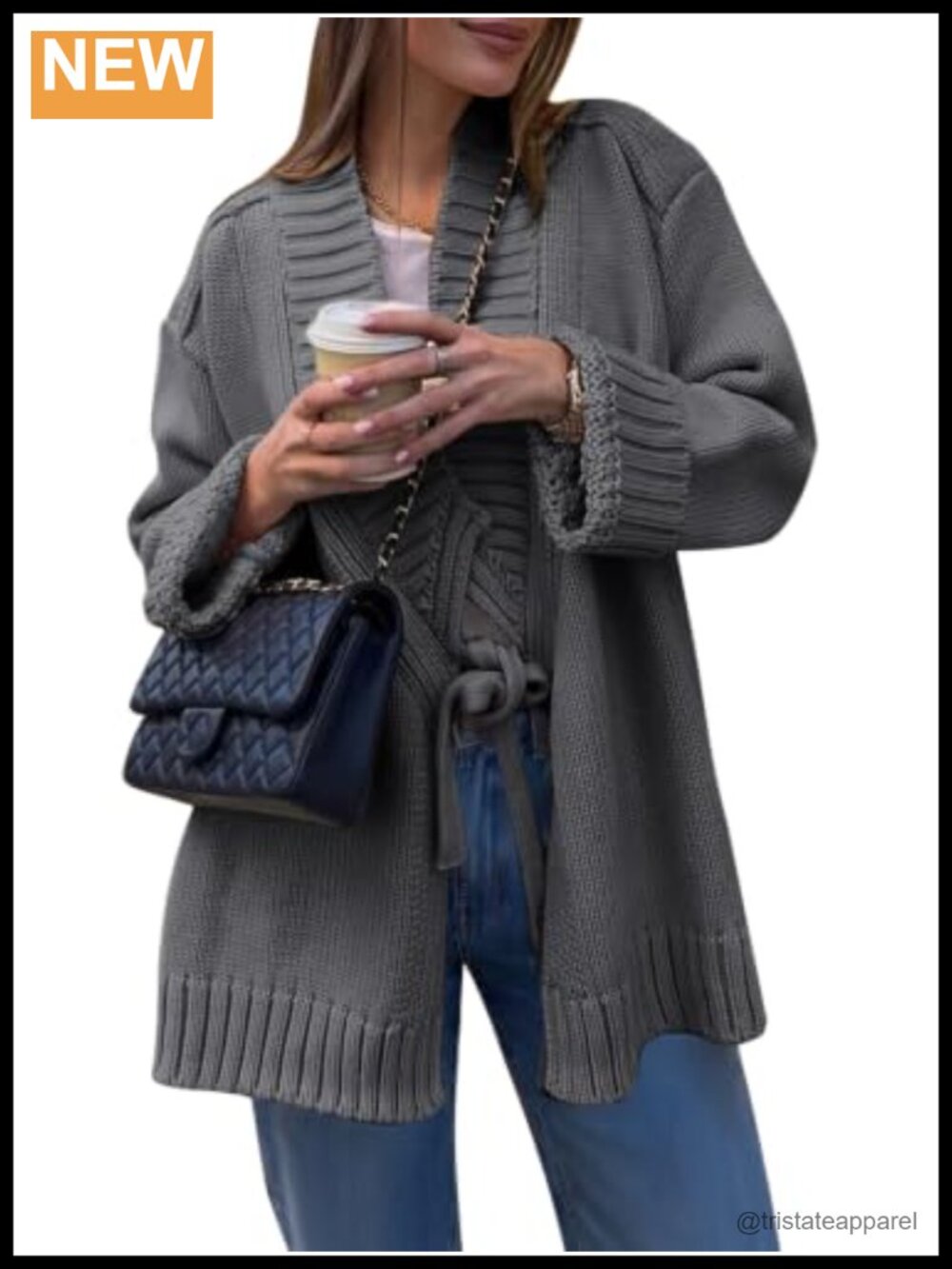 Women's Tie Front Chunky Knit Cardigan Long Sleeve V Neck Wrap